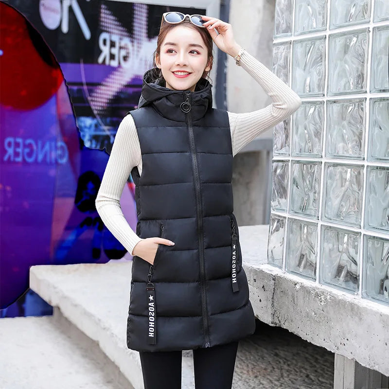 Autumn Winter Mid-length Women's Vest Coat Casual Zipper Sleeveless Warm Jacket Solid Color Hooded Ladies Vest Parkas for women