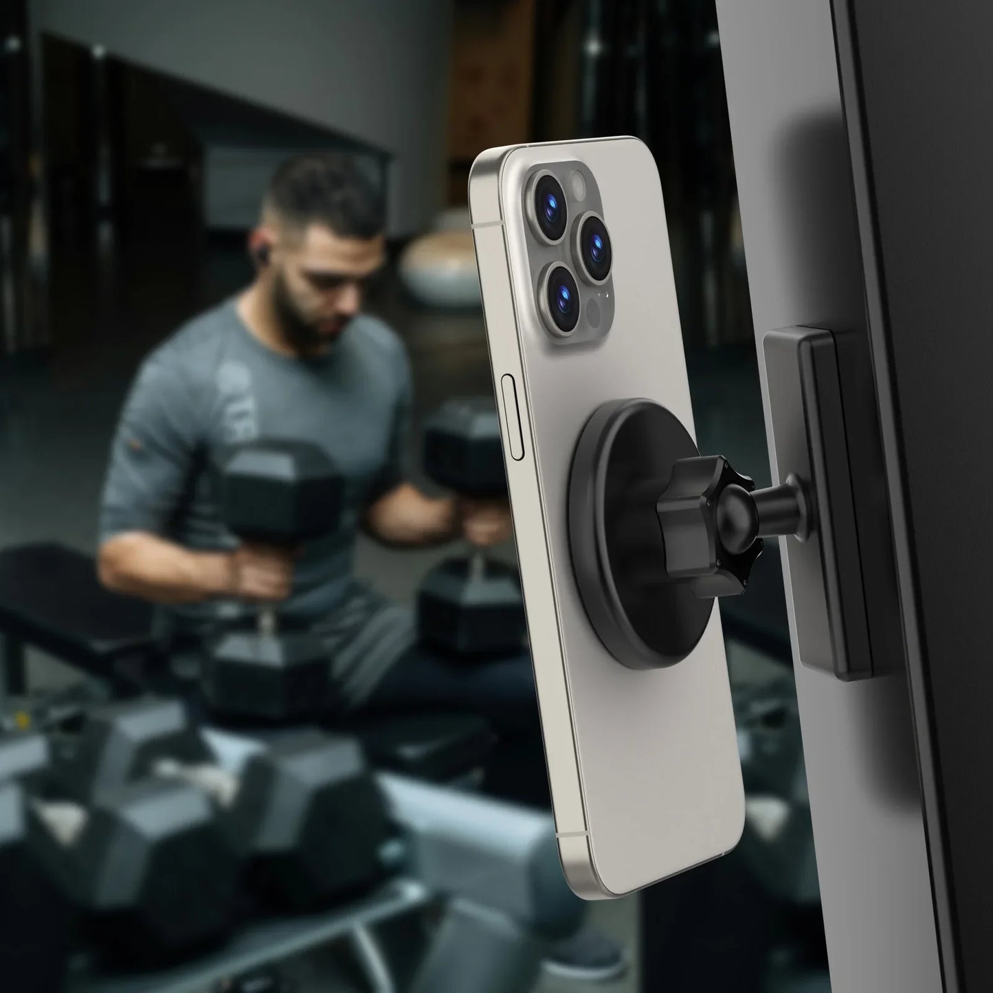 Gym Magnetic Phone Holder, Dual Strong N52 Magnets Mount for Any Metal Surface, 360 Adjustable Compatible with MagSafe iPhone