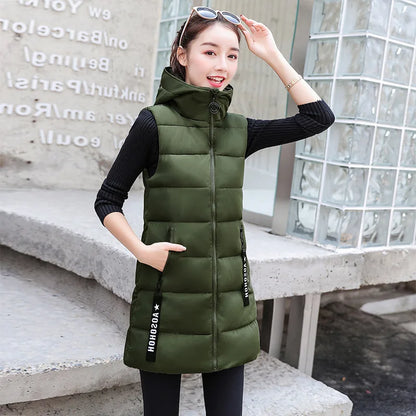 Autumn Winter Mid-length Women's Vest Coat Casual Zipper Sleeveless Warm Jacket Solid Color Hooded Ladies Vest Parkas for women