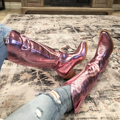 BUSY GIRL SC4840 Classic Embroidery Western Boots for Women Fashion Fall Winter Boots Ladies 6cm Heels Cowgirl Cowboy Boots
