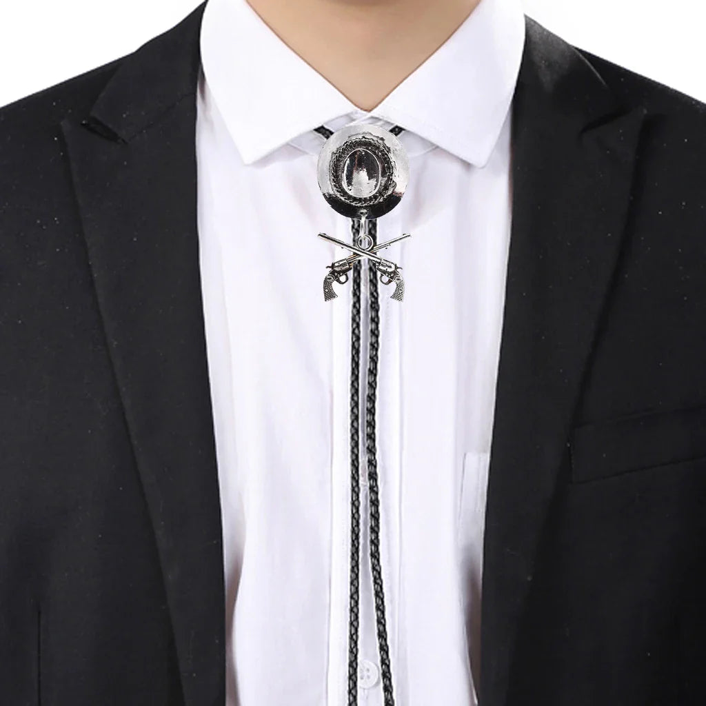 Chapeau de cowboy occidental à double pistolet, cravate bolo, accessoires de mode, cravate bolo en métal