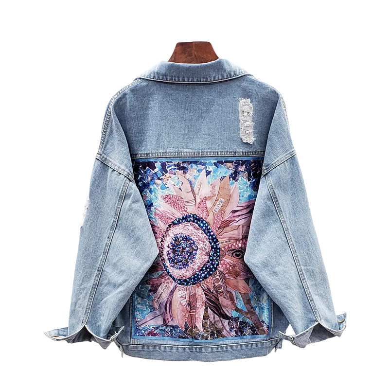 Women Denim Jacket feminine Spring Autumn Boho Sequin Floral Appliques Embroidery Coat Long Sleeve Outerwear Female Veste femme