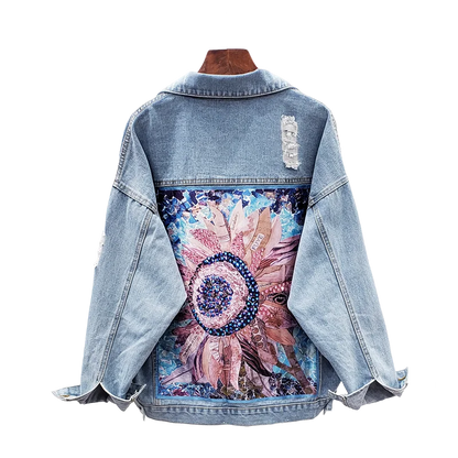 Women Denim Jacket feminine Spring Autumn Boho Sequin Floral Appliques Embroidery Coat Long Sleeve Outerwear Female Veste femme