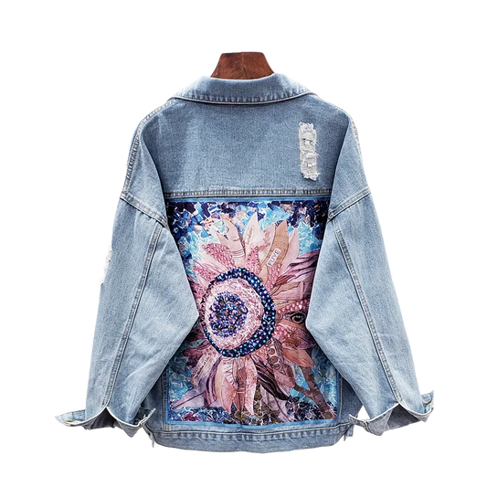 Women Denim Jacket feminine Spring Autumn Boho Sequin Floral Appliques Embroidery Coat Long Sleeve Outerwear Female Veste femme