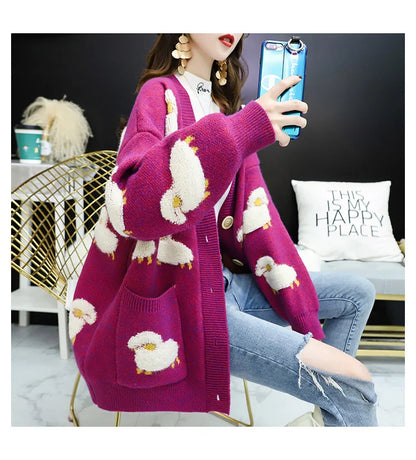 Women Winter Knit Sweater Coat V Neck Sheep Cardigans Christmas Sweaters Warm Knitted Sueter Mujer Loose Long Sleeve Jacket