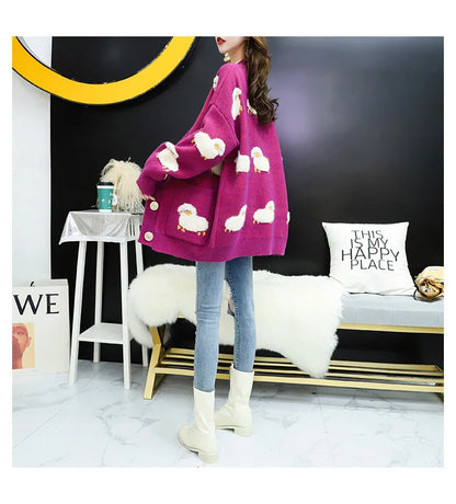 Women Winter Knit Sweater Coat V Neck Sheep Cardigans Christmas Sweaters Warm Knitted Sueter Mujer Loose Long Sleeve Jacket