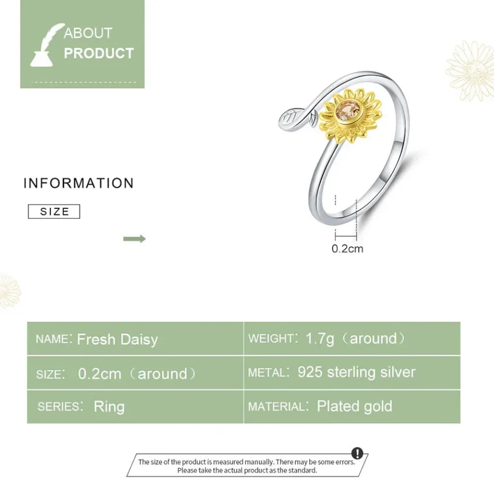 925 Sterling Silver 18K Gold Sunflower Open Ring