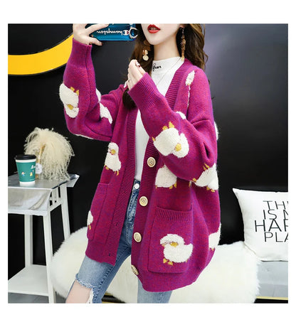 Women Winter Knit Sweater Coat V Neck Sheep Cardigans Christmas Sweaters Warm Knitted Sueter Mujer Loose Long Sleeve Jacket