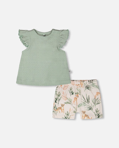 Pointelle Top And Organic Cotton Jersey Short Set Green And Peach Deer Print