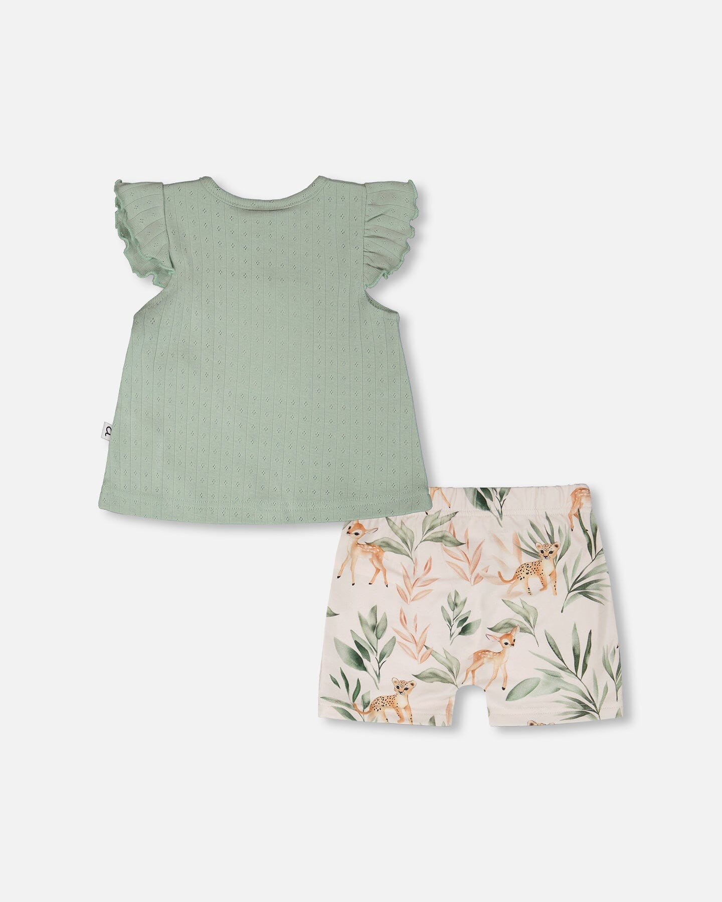 Pointelle Top And Organic Cotton Jersey Short Set Green And Peach Deer Print