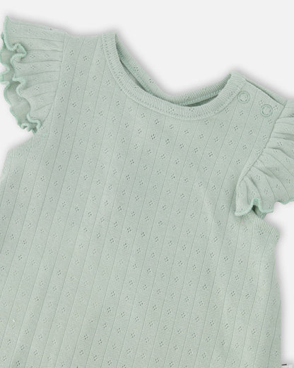 Pointelle Top And Organic Cotton Jersey Short Set Green And Peach Deer Print