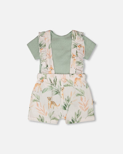 Ensemble barboteuse pointelle et combishort en mousseline de coton imprimé cerfs vert et pêche