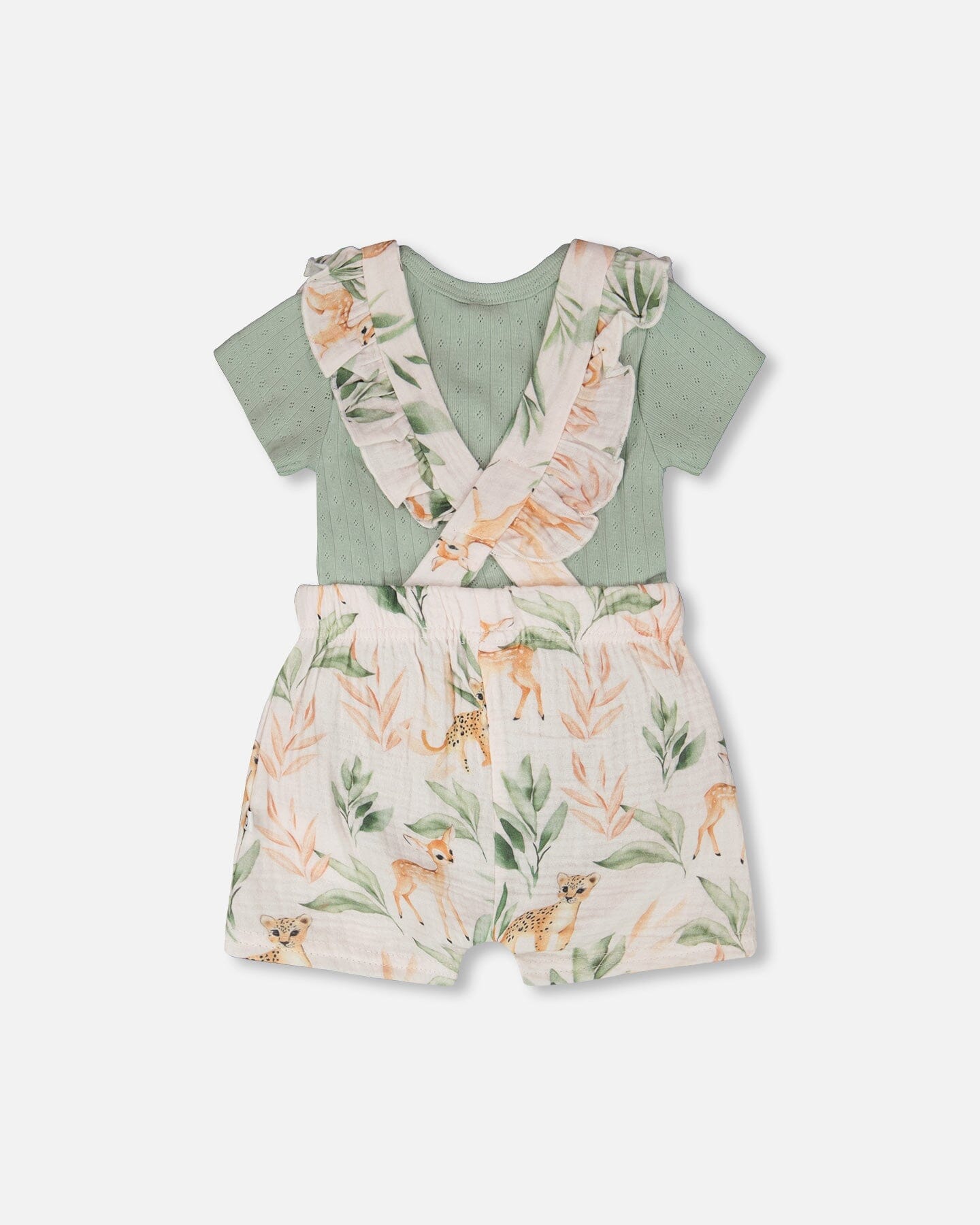 Ensemble barboteuse pointelle et combishort en mousseline de coton imprimé cerfs vert et pêche