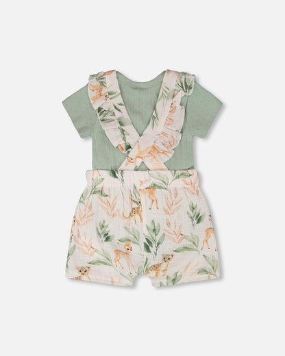 Ensemble barboteuse pointelle et combishort en mousseline de coton imprimé cerfs vert et pêche