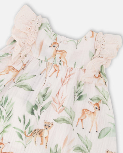 Muslin Dress And Bloomer Set Peach Deer Print