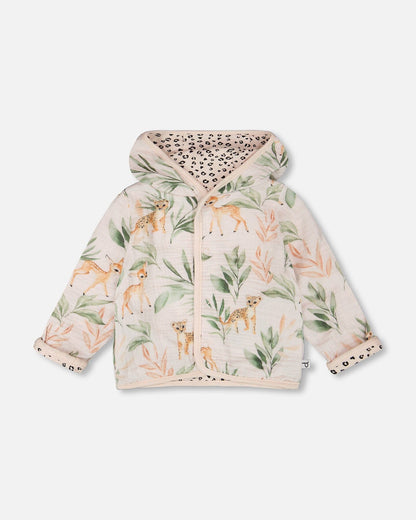 Muslin And Organic Cotton Jersey Reversible Hooded Jacket Peach Deer/Leopard Print