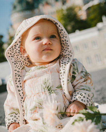 Muslin And Organic Cotton Jersey Reversible Hooded Jacket Peach Deer/Leopard Print
