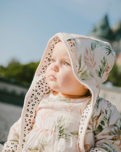 Muslin And Organic Cotton Jersey Reversible Hooded Jacket Peach Deer/Leopard Print