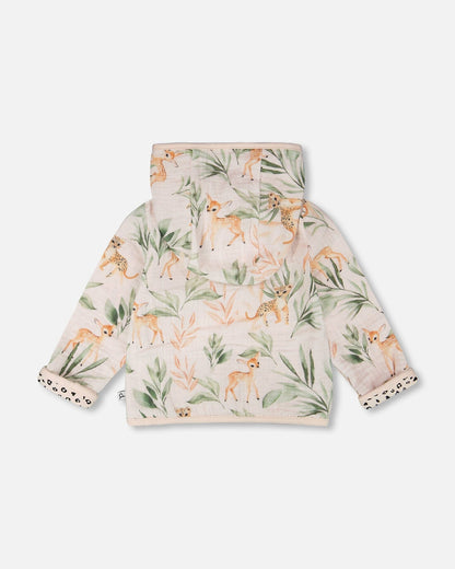 Muslin And Organic Cotton Jersey Reversible Hooded Jacket Peach Deer/Leopard Print