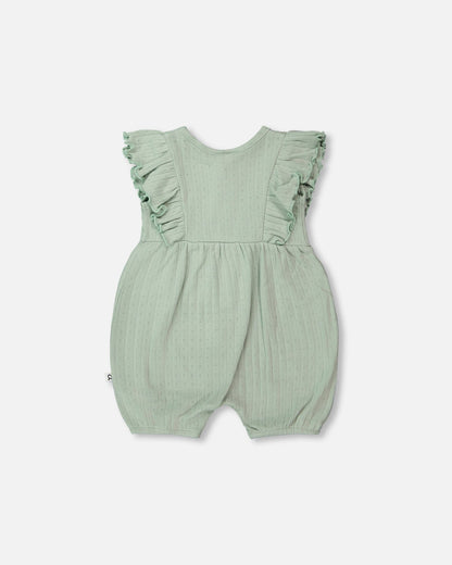Cotton Pointelle Jersey Romper With Frills Green