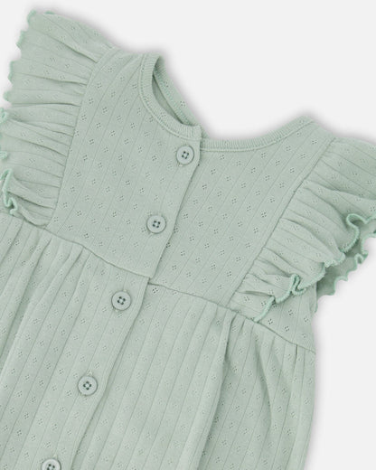 Cotton Pointelle Jersey Romper With Frills Green