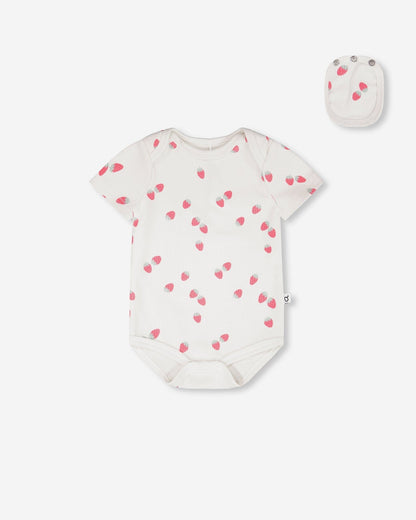 Evolutive Cotton Rib Jersey Onesie White Printed Strawberries