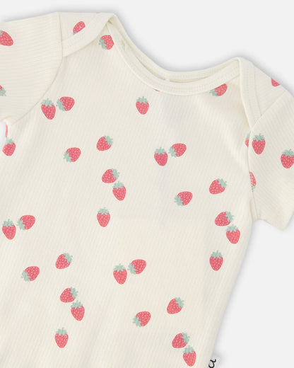Evolutive Cotton Rib Jersey Onesie White Printed Strawberries