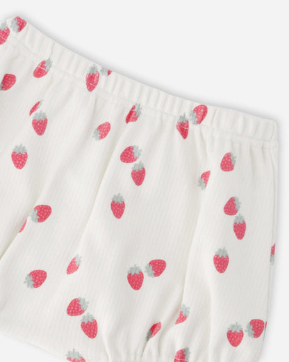 Cotton Rib Jersey Top And Short Set White Printed Strawberries