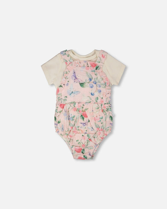 Organic Cotton Jersey Onesie And Muslin Overall Set White And Pink Printed Berries