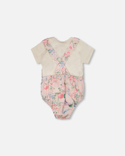 Organic Cotton Jersey Onesie And Muslin Overall Set White And Pink Printed Berries