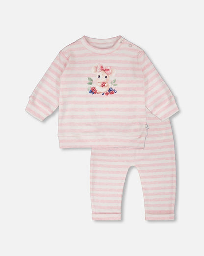 Cotton Jersey Top And Pants Set White And Pink Stripes