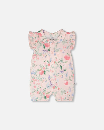 Cotton Muslin Romper Pink Printed Berries