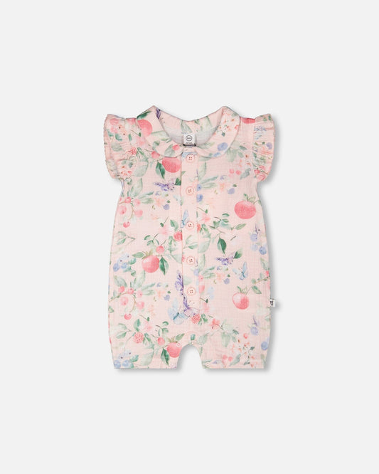 Cotton Muslin Romper Pink Printed Berries
