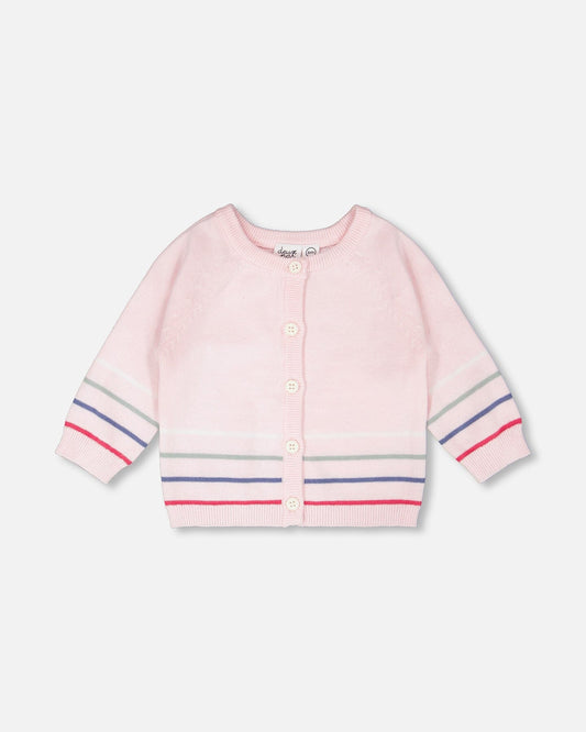 Cardigan en maille de coton rayé boutonné rose clair