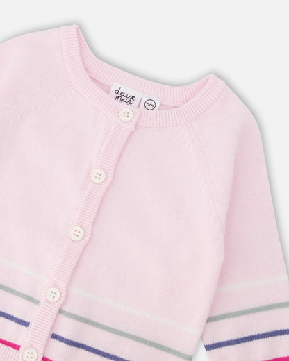 Cotton Knit Striped Button Front Cardigan Light Pink
