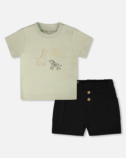 Ensemble T-shirt En Jersey Côtelé De Coton Et Short En Jersey De Coton Biologique Vert Sauge Et Noir
