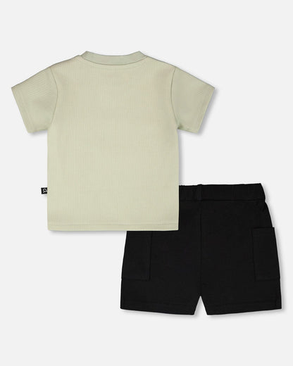 Ensemble T-shirt En Jersey Côtelé De Coton Et Short En Jersey De Coton Biologique Vert Sauge Et Noir