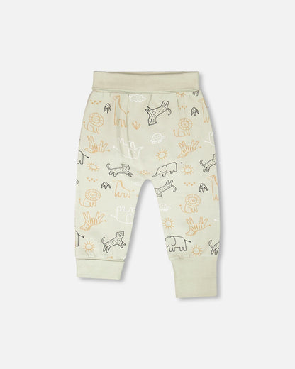 Organic Cotton Jersey Sweater And Pants Set Sage Green Animal Print