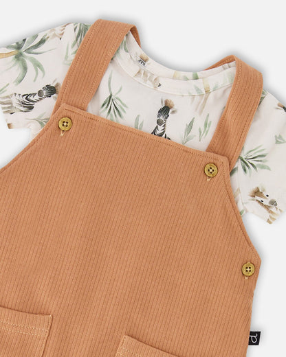 Organic Cotton Jersey Onesie And Cotton Rib Shortall Set Beige Zebra Print And Caramel
