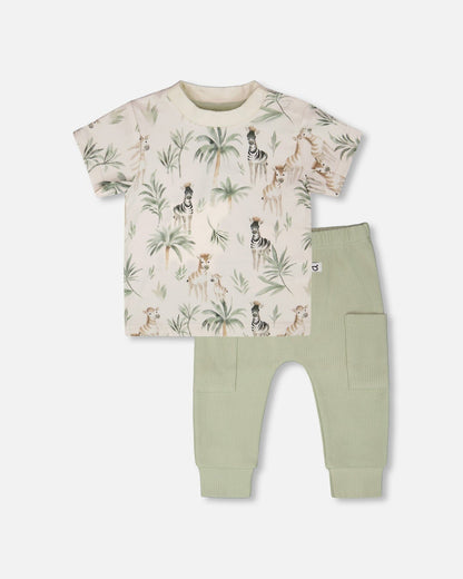 Organic Cotton Jersey T-Shirt And Cotton Rib Pants Set Beige Zebra Print And Sage Green