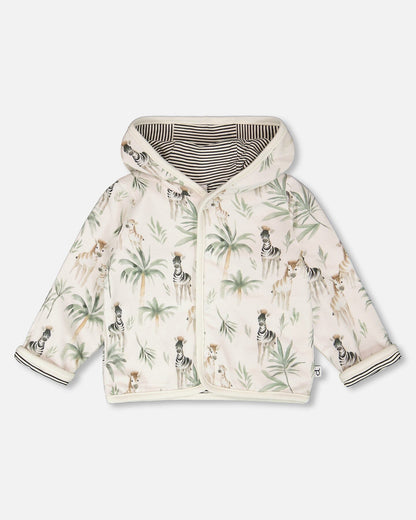 Organic Cotton Jersey Reversible Hooded Jacket Beige Zebra Print