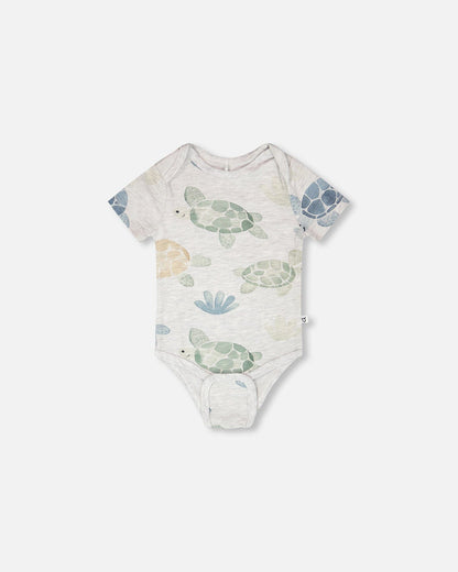 Evolutive Organic Cotton Jersey Onesie Grey Mix Turtle Print