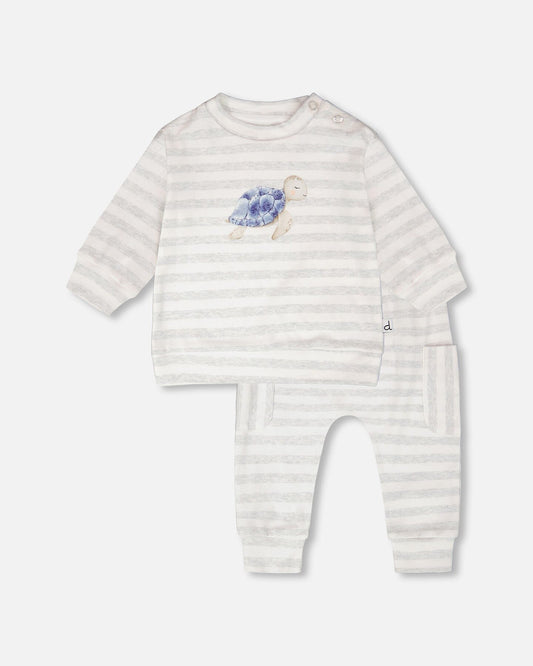 Soft Jersey Sweater And Pants Set White And Grey Stripes