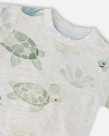 Jersey T-Shirt And Organic Cotton Jersey Shorts Set Grey Mix Turtle Print And Medium Blue