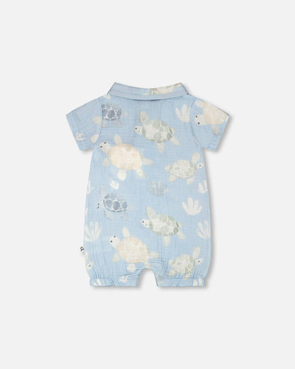 Muslin Romper Blue Turtle Print
