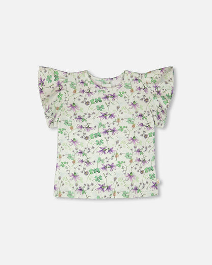 Jersey T-Shirt Green Printed Flowers