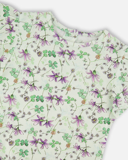 Jersey T-Shirt Green Printed Flowers