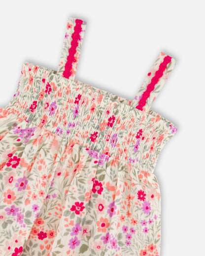 Tank Top With Smocking And Shorts Set In Muslin Off White Printed Flowers