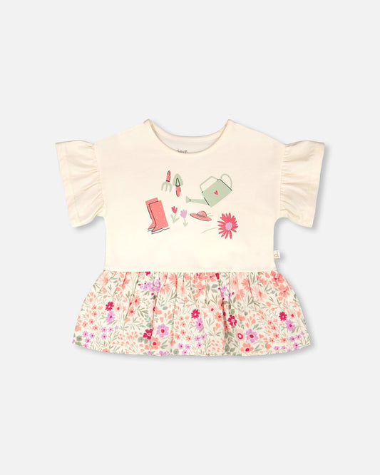 Organic Cotton Bi-Material Tunic Beige Flowers Print