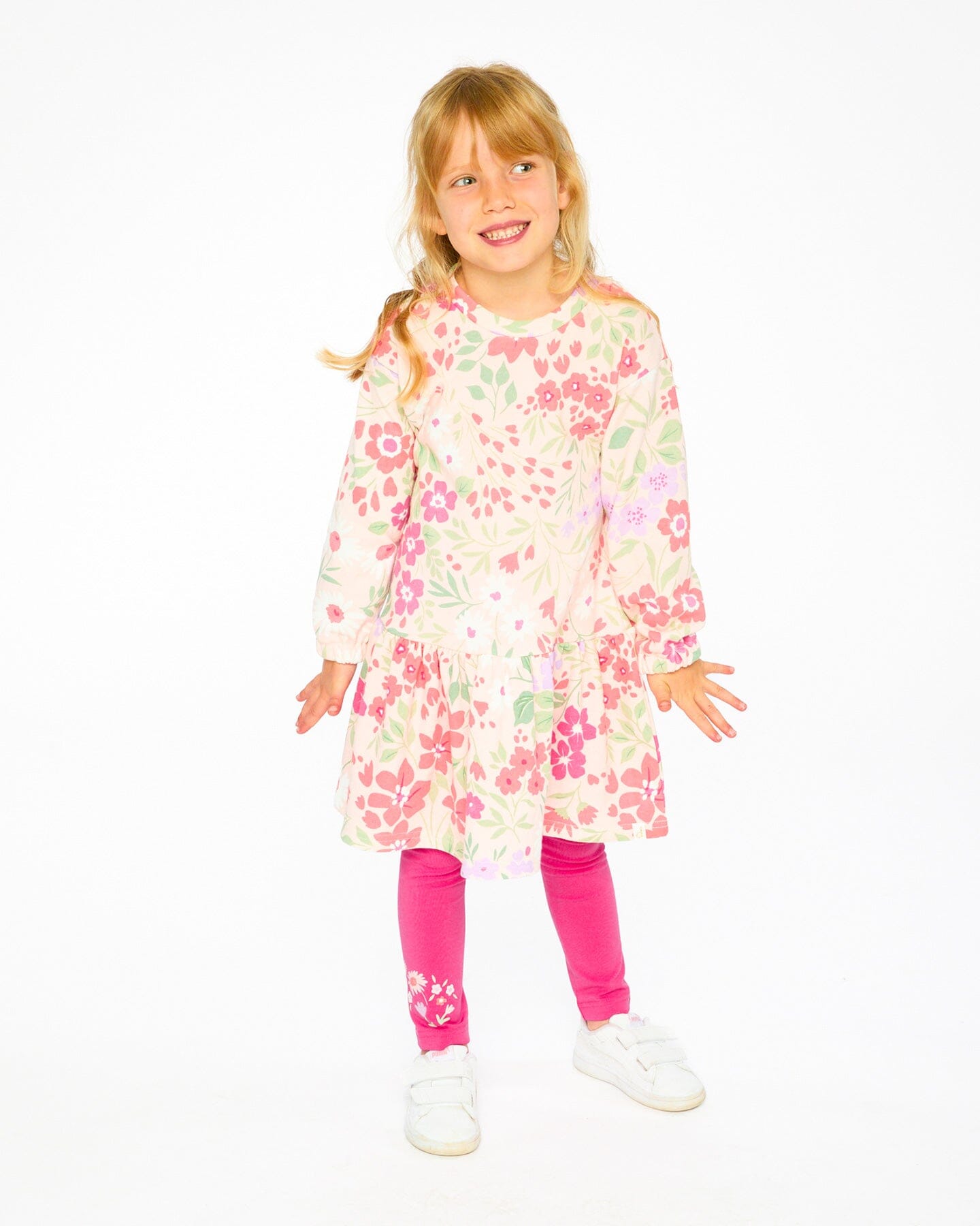 French Terry Dress Pink Printed Flowers